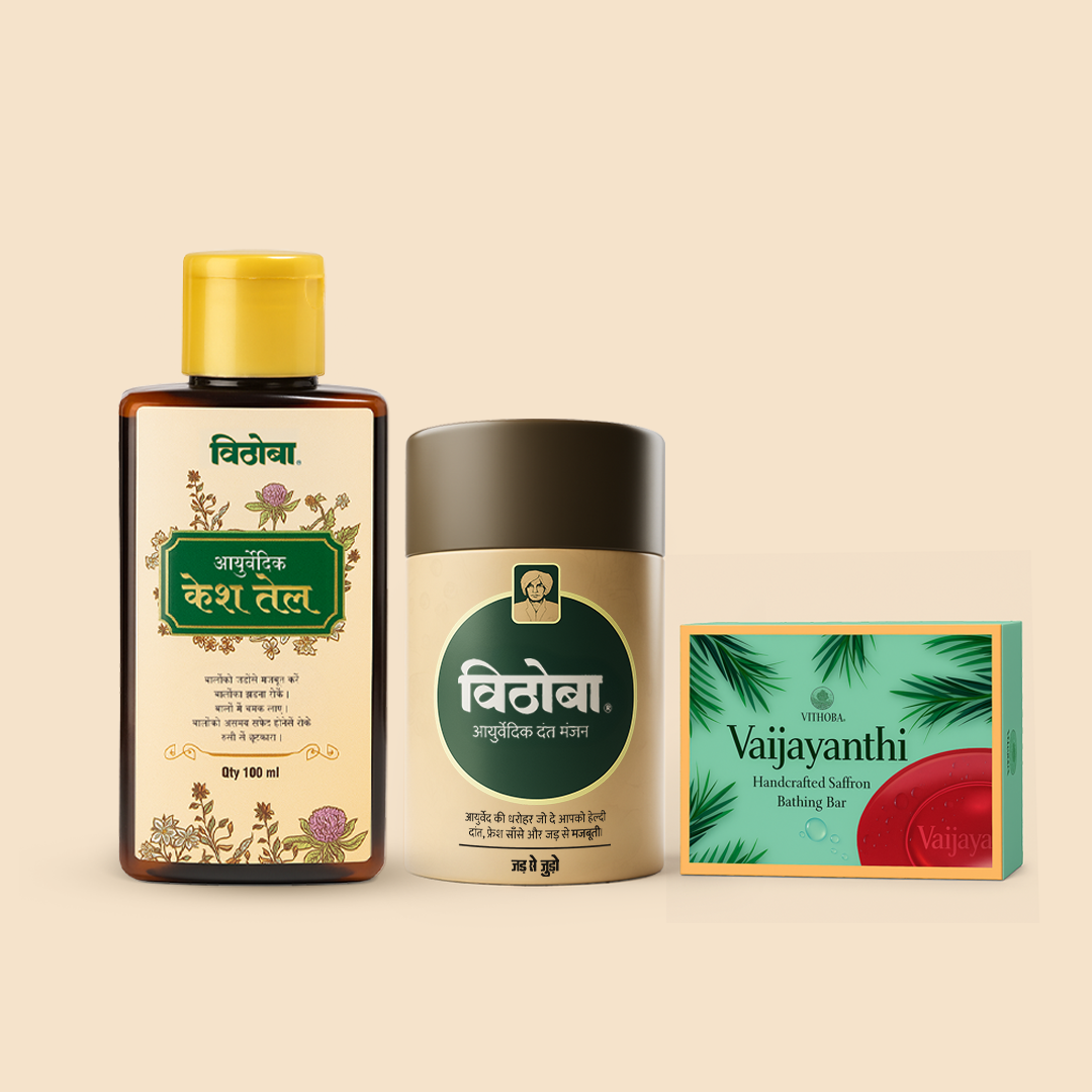 Vithoba Ayurvedic Dant Manjan 80g + Ayurvedic Kesh (Hair) Oil 100 ml + Vaijayanthi Handcrafted Saffron Soap Bar 75g