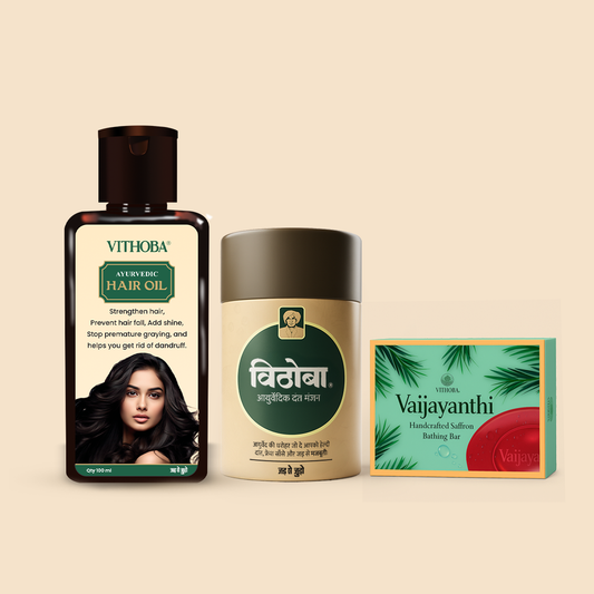 Vithoba Ayurvedic Dant Manjan 80g + Ayurvedic Kesh (Hair) Oil 100 ml + Vaijayanthi Handcrafted Saffron Soap Bar 75g