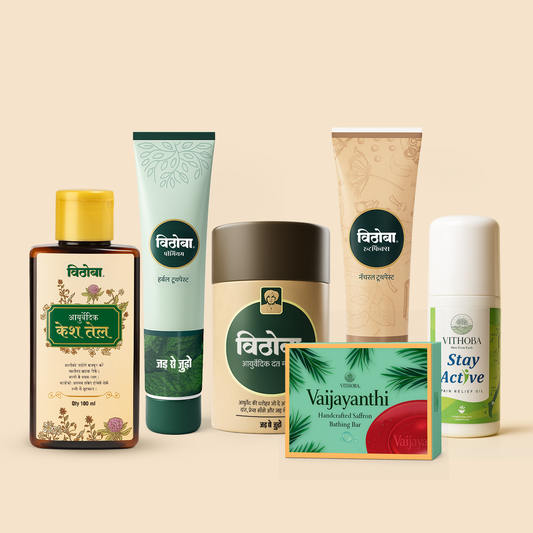 Dincharya Combo- Power Saver pack (Premium Toothpaste 80g + Rootfix Toothpaste 80g+Dant Manjan 80g+Hair oil 100ml+ Vaijayanthi Handcrafted Soap 75g x 2 )