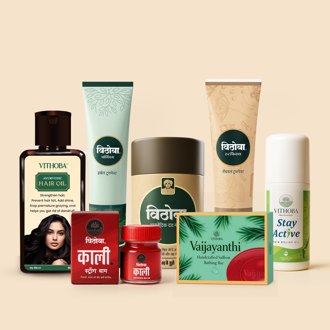 Vithoba All in one Pack - Hair oil + Pain oil + Kaali Balm + Manjan 80g + Vaijayanthi Soap + Rootfix 150g + Premium 150g
