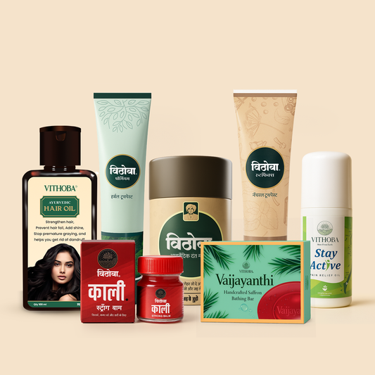 Vithoba All in one Pack - Hair oil + Pain oil + Kaali Balm + Manjan 80g + Vaijayanthi Soap + Rootfix 150g + Premium 150g