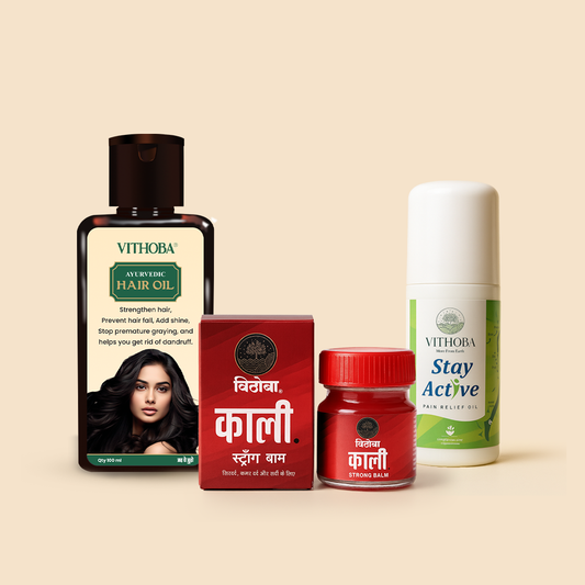 Vithoba Stay Active Pain Relief Roll On Oil  And Vithoba KAALI Strong Balm & Vithoba Ayurvedic Kesh(Hair) Oil 100 ml | 60ml + 10Gram + 100 ml |