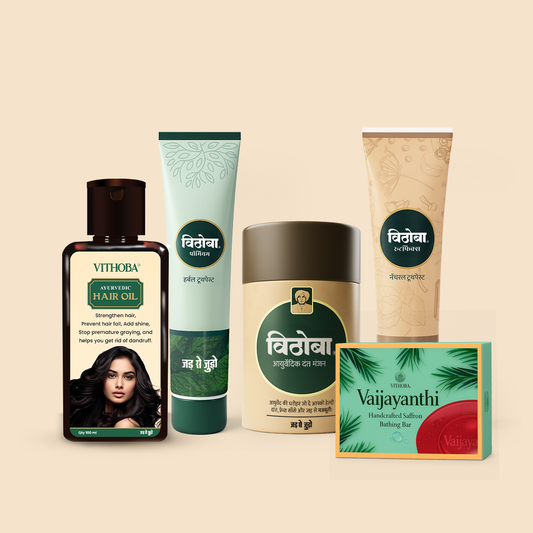 Dincharya Combo - Power Saver Pack (Premium Toothpaste 80g + Rootfix Toothpaste 80g + Dant Manjan 80g + Hair Oil 100ml + Vaijayanthi Handcrafted Soap 75g x 2)