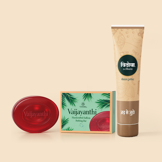 Vithoba Vaijayanthi Handcrafted Saffron Soap Bar & Vithoba Ayurvedic Rootfix Toothpaste Combo Pack - 40g+75g