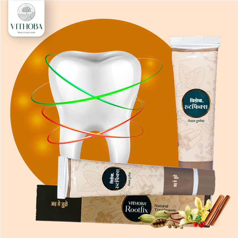Vithoba आयुर्वेदिक टूथपेस्ट - रूटफिक्स- 150 G. (6 का पैक) - एक फ़्री विथोबा वैजयंती हैंडक्राफ़्टेड साबुन (75g) प्राप्त करें