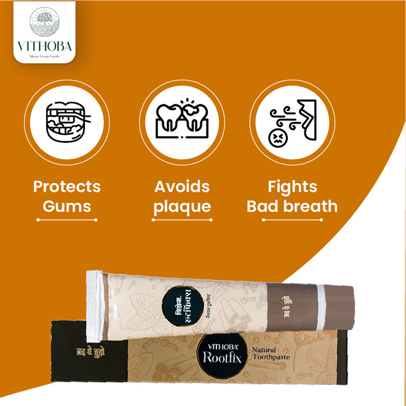 Vithoba आयुर्वेदिक टूथपेस्ट - रूटफिक्स- 150 G. (6 का पैक) - एक फ़्री विथोबा वैजयंती हैंडक्राफ़्टेड साबुन (75g) प्राप्त करें